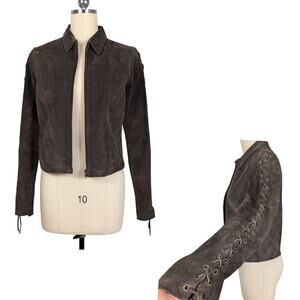 Vintage Charlotte Russe Suede Leather Jacket L Brown Y2K Coat Lace Up Western